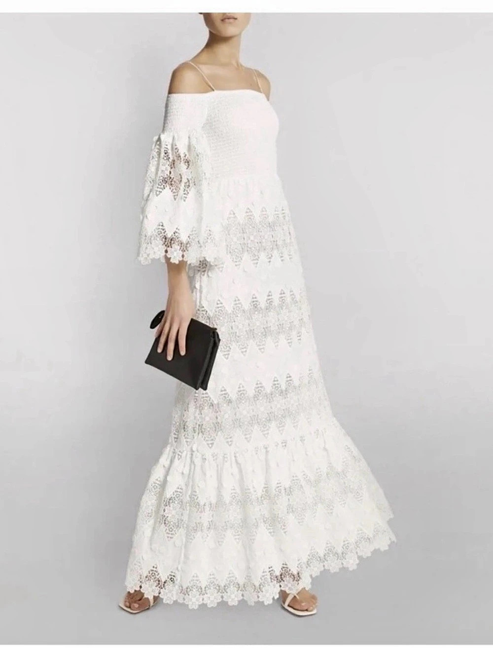 alice + olivia Roseline smocked White Lace Maxi Dress Large - Picture 2 of 16